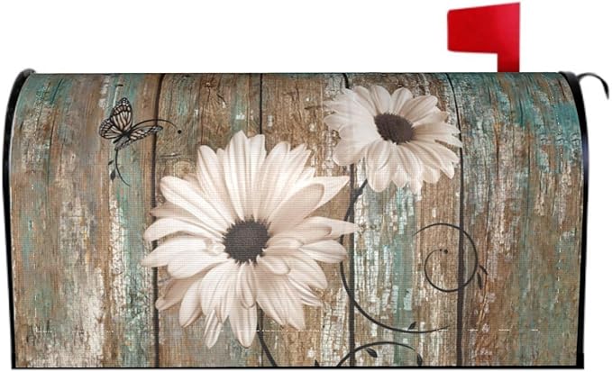Rustic Daisy Board Mailbox Cover Magnetic, White Sunflowers Vintage Wood Grain Plank Mailbox Wrap Letter Post Box Cover for Yard Garden Outside Home Decor, Large Size 25.5x21 Inch