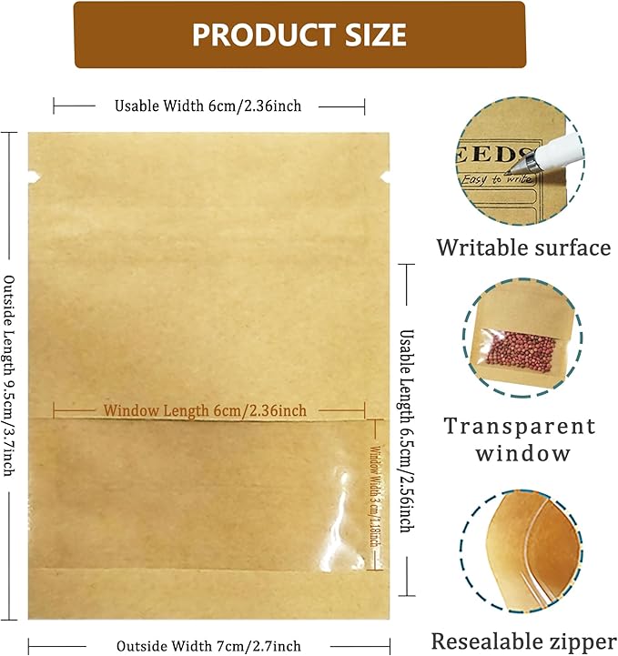 200 Pack Clear Window Small Resealable Seeds Packets Coin Envelopes 2.75x3.74 inch Brown Kraft Paper Sample Bag with Preprinted Seed Collecting Template for Seed Storage Organizer