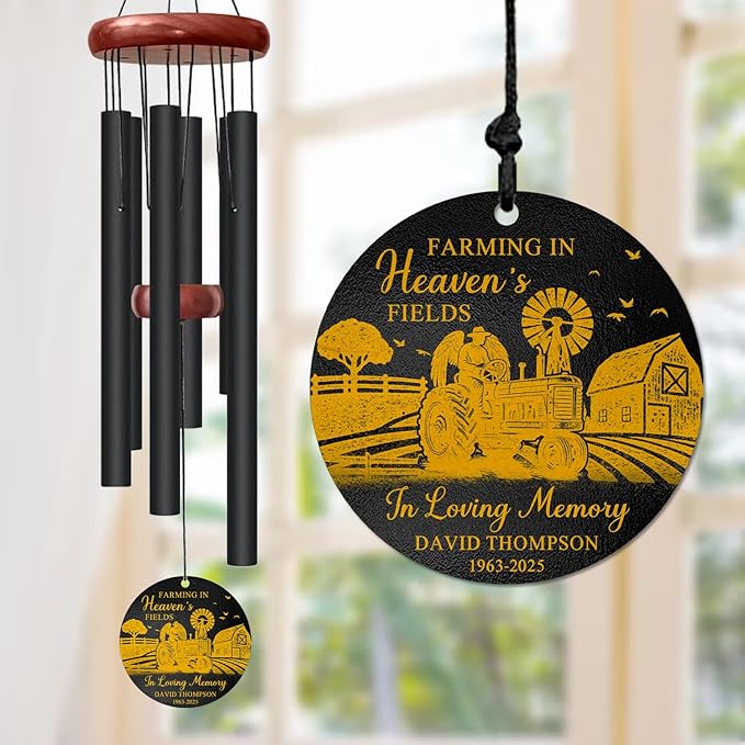 Personalized Farming Memorial Wind Chime – “Farming in Heaven’s Fields” Custom Name & Years – Tractor & Angel Engraved Sympathy Gift for Farmers – Outdoor Remembrance Windchime for Loss of Loved One