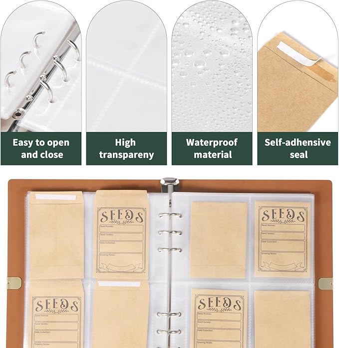 Garden Seed Storage Organizer Binder - 150 Resealable Seed Envelopes Brown Shell with 40 Sheet Protectors for Efficient Seed Packet Organization - Green