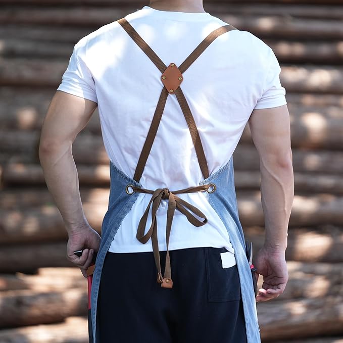 Denim Bbq Apron for Men Women with Pockets Adjustable Cross Back Chef Aprons for Kitchen Cooking Grilling Working