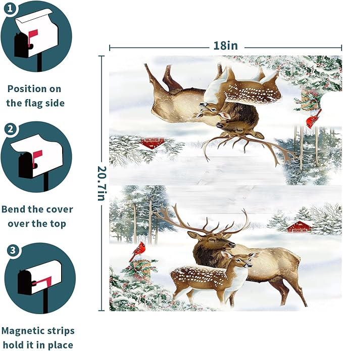 Winter Deer Mailbox Cover Magnetic- Christmas Reindeer Moose Elk Mailbox Wrap- Standard Size 21x18 Inch Waterproof Letter Post Cover for Garden Yard Outdoor Farmhouse Decor