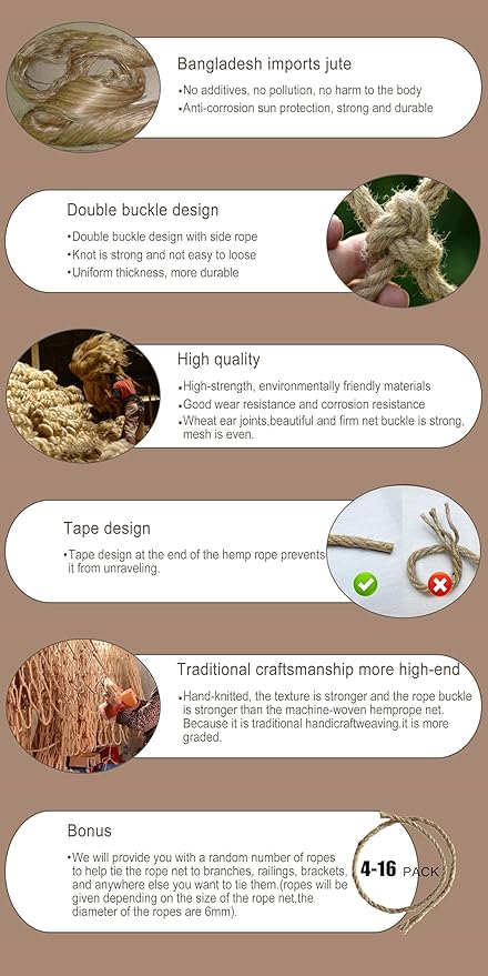 Safety Hemp Rope Net Kids Climbing Tree House Children Netting Balcony Stairs Fence Railing Garden Playground Protection Heavy Duty Indoor & Outdoor Decor Rope Net 10mm/10cm 3.3x16.4ft(1x5m)