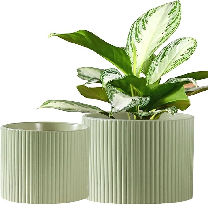 Ceramic Plant Pots, 8.1 + 6 Inch Planters for Indoor Plants, Modern Flower Pot for Plant with Drainage, Medium Cylinder Flower Pots for Indoor/Outdoor, House Plants, Matte Green