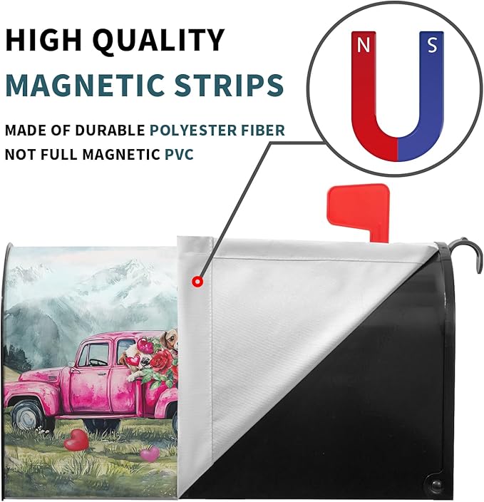 Mailbox Cover Magnetic Valentine Truck Dog Flowers Mailbox Wrap Post Cover Standard Size 21x18 Inch for Garden Yard Outdoor Outside Patio Wedding Holiday Decor