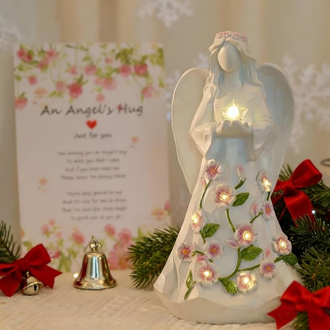 Guardian Angel Figurines with Light Star Battery Operated Angel Statue Decor, Birthday Gift for Grandma Grandmother Aunt Birthday Gift (with Timing Function)