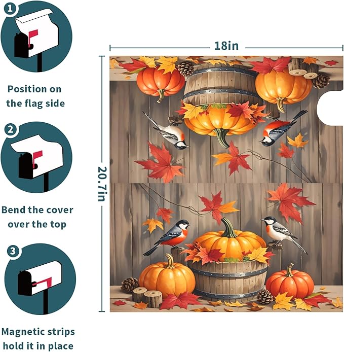 Fall Thanksgiving Day Mailbox Covers Magnetic Standard Size Autumn Pumpkin Birds Maple Leaf Harvest Themed Seasonal Outdoor Decorative Letter Box Cases for Home Garden Outside Decor, 21x18 Inch