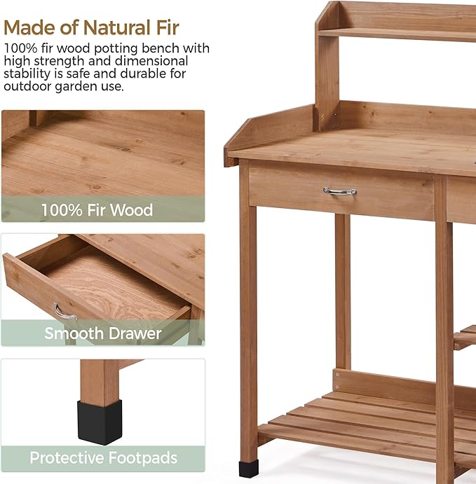 Topeakmart 45.2x17.7x47.6'' (LxWxH) Potting Benches Outdoor Garden Potting Table Work Bench with Removable Sink Drawer Rack Shelves Work Station, Brown