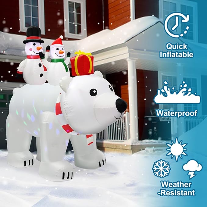 6 Ft Tall 5.7 Ft Long Christmas Inflatable Snowman Couples on Polar Bear with Rotating RGB Color Lights Christmas Outdoor Decorations Blow Up Snowman Inflatables Xmas Decor Yard Holiday Garden