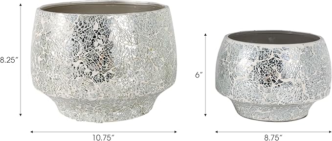Flower Pots and Planters for Home Decor – Mosaic Indoor and Outdoor Plant Pots for Garden, Patio, or Room – Modern Pots for Indoor Plant Stand for Herbs, Succulents, or Ferns Set of 2 – 8", 6" Silver