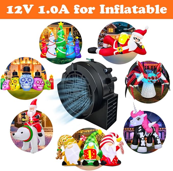 Inflatable Fan Replacement 12V 1.0A, Mini Air Blower Fan with 12V 1.25A Adapter and 3 LED Bulbs for Halloween Christmas Inflatable Outdoor Yard Decorations