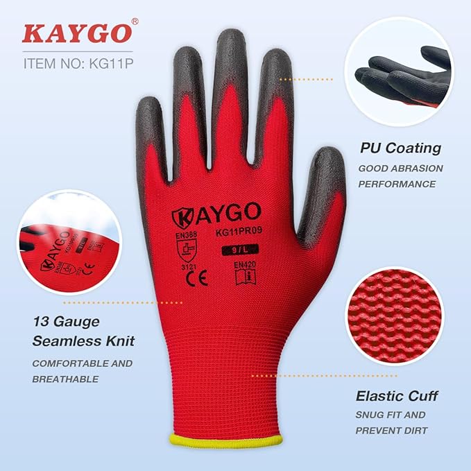 KAYGO Safety Work Gloves PU Coated for women, 12 Pairs Seamless Knit Glove with Polyurethane Coated Smooth Grip on Palm and Fingers, Ideal for General Duty Work, KG11P (XS, Red)
