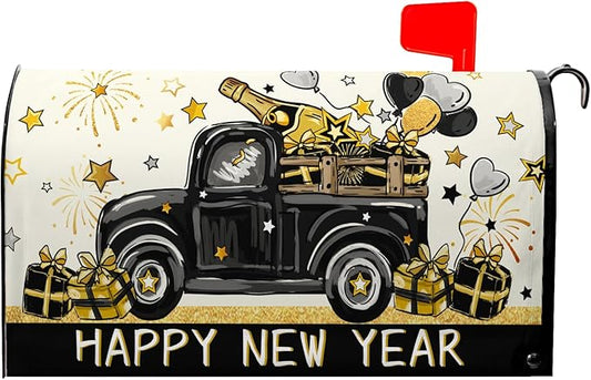 Happy New Year Mailbox Cover Magnetic Standard Size 21x18 Black Truck Mailbox Covers for Winter Holiday Garden Yard Outdoor Decoration