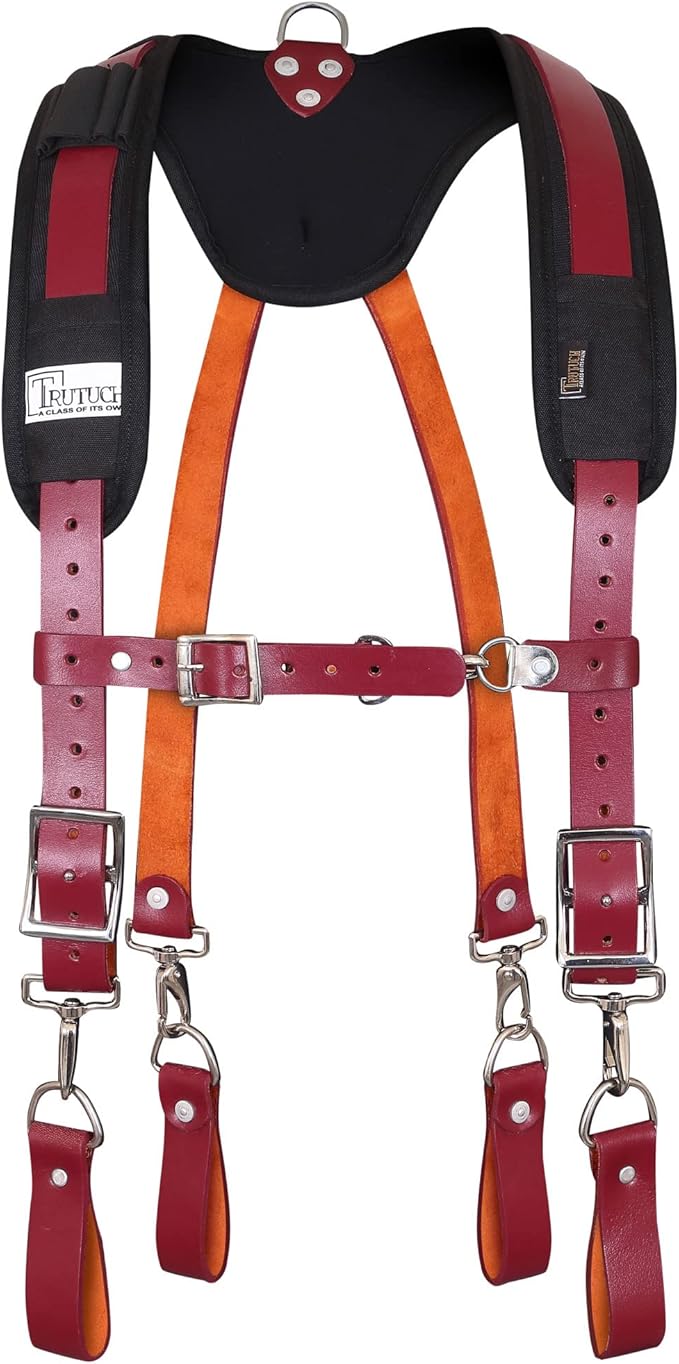 Leather Work Suspenders With Pockets | Fully-Adjustable Padded Leather Tool Belt Suspenders