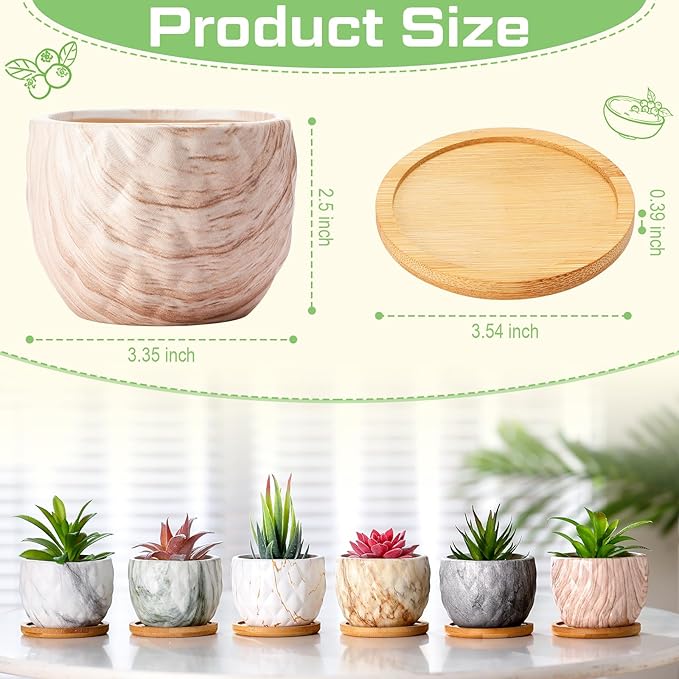 Marbling Ceramic Flower Pot 3.35 Inch Succulent Small Plant Cactus Herbs Planter Ceramic Pot with Drainage Hole Matte Round Container(6 Pcs,Elegance Style)