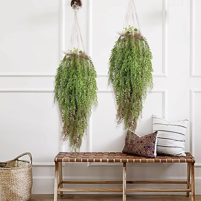 RECUTMS 2 Pcs Fake Plants Hanging Artificial Hanging Plants Faux Ivy Vine Leaves Faux Plants Wall Greenery Home Garden Wedding Party Indoor Outdoor Decorations(Green Brown)