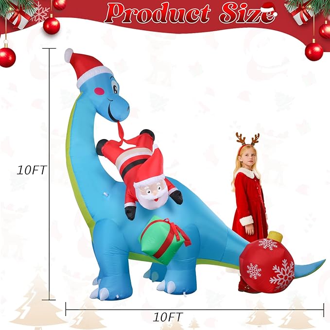 10FT Christmas Inflatable Outdoor Decorations, Inflatable Dinosaur and Santa Claus Built-in LED Lights Blow Up Yard Decorations for Holiday Indoor Outdoor Party Garden Lawn