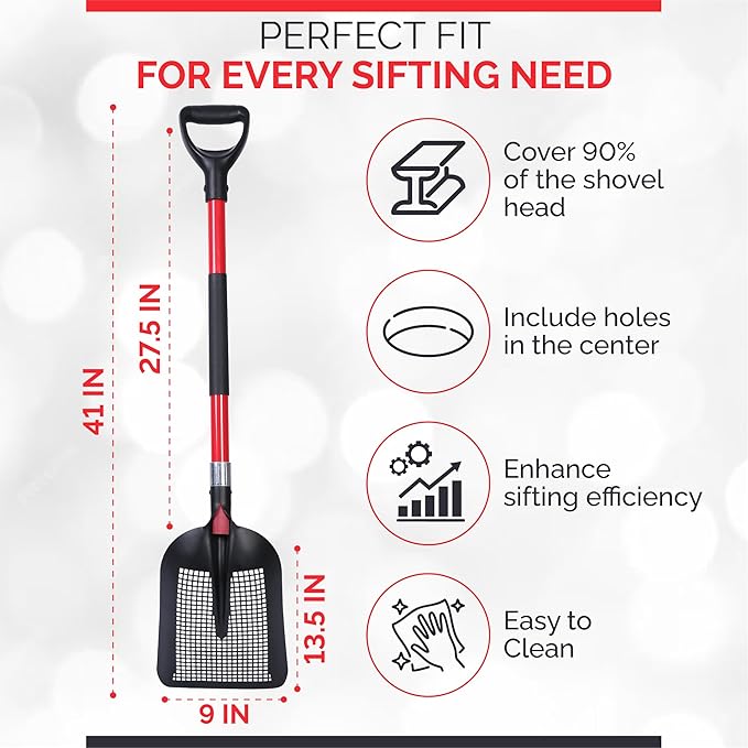 Sifting Shovel, Sand Sifter Shovel for Chicken Coop Scooper, Beach, Heavy Duty with Ergonomic Fibreglass Handle Double Grip with Gloves
