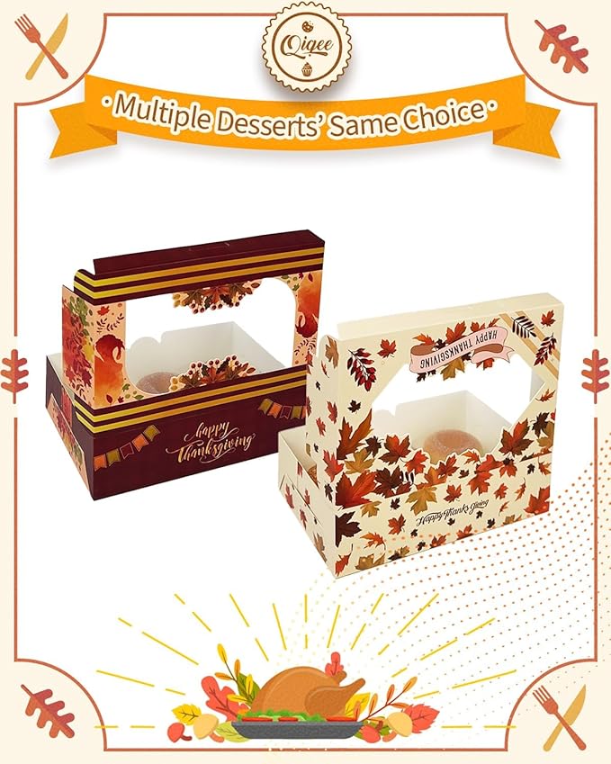 qiqee Thanksgiving Cookie Box with Window 9x6x2.5 inch 50Pcs Pastry Macaron Thanksgiving Leaves Bakery Box For Thanksgiving Day