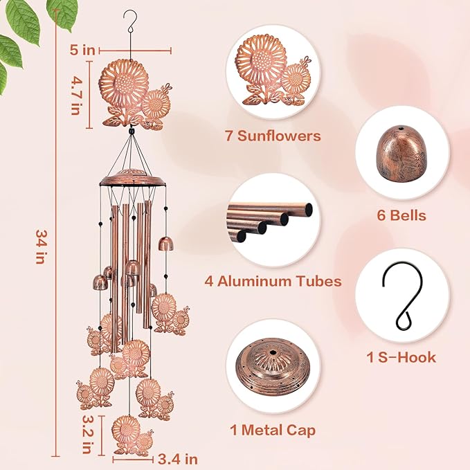 Sunflower Wind Chimes Outdoor Sunflower Gifts for Women Mom Men Dad Unique Birthday Gifts Metal Flower WindChimes for Outside/Indoors, Patio, Lawn, Yard, Home Decor, Outdoor Decor, Garden Decoration