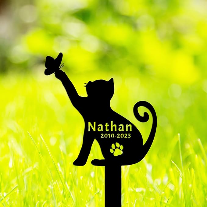 Personalized Name Memorial Garden Stake Pet Metal Grave Marker, Custom Butterfly Cat Memorial Grave Marker Stake, Customized Butterfly Cat Memorial Stake Remembrance Stake with Paw