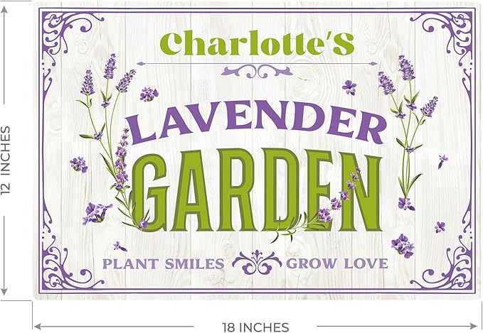 Custom Lavender Garden Sign, Personalized Name for Flower Garden, Christmas Gift and Backyard Décor Sign, 12x18 Inches, Rust Free .063 Aluminum, Fade Resistant, Made in USA by Sigo Signs