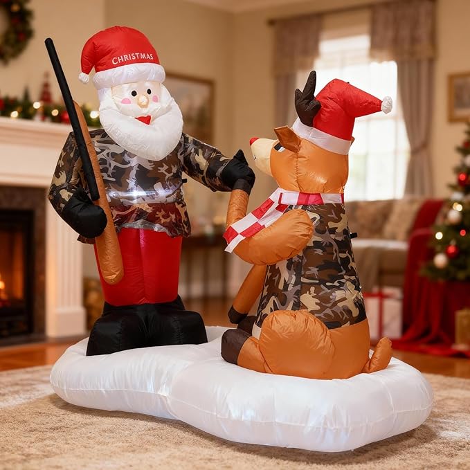 TRMESIA 6FT Christmas Inflatable Camouflage Santa with a Gun and Camouflage Deer Decoration with LED Lights,Blow up for Indoor Outdoor Lawn Garden Front Yard Holiday Display