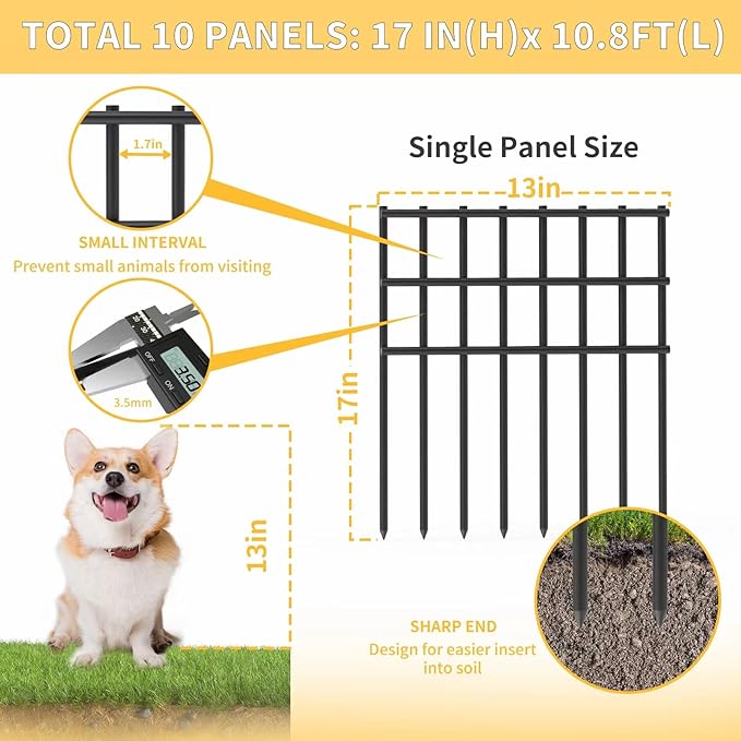 10 Pack Garden Animal Barrier Fence, 17in H x 10.8ft L, Black Modern Steel Garden Fence Panels