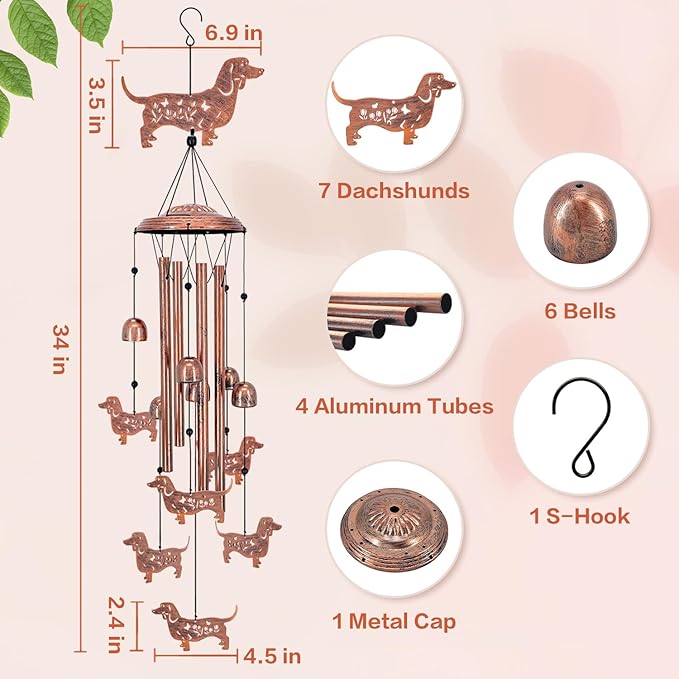Dachshund Dog Wind Chimes Outdoor Weiner Dog Gifts for Women Men Mom Dad Best Birthday Unique Gardening Gifts Metal WindChimes for Outside/Indoors, Lawn, Patio, Home, Yard Decor, Garden Decorations