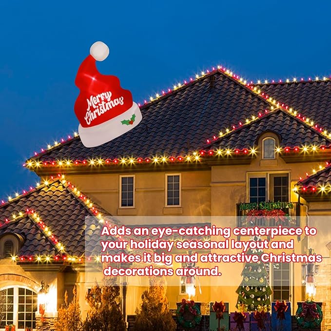 Juegoal Christmas Inflatables Outdoor Decorations, 5FT Inflatable Xmas Hat, Lighted Blow Up Giant Red Hat with Built in LED Lights, Light Up Holiday Winter Roof Lawn Yard Garden Decor