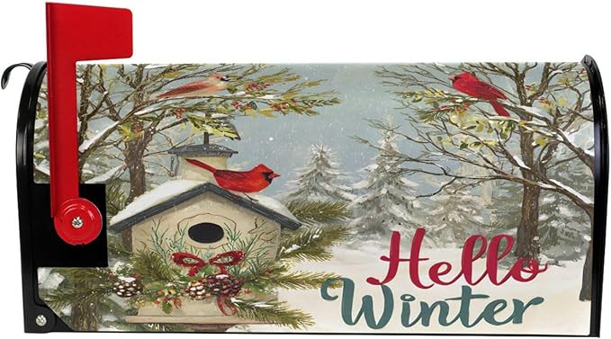 SUABO Winter Scene Cardinal Mailbox Cover Oversize Magnetic Mailbox Covers Wraps for Christmas Home Yard Garden Decor