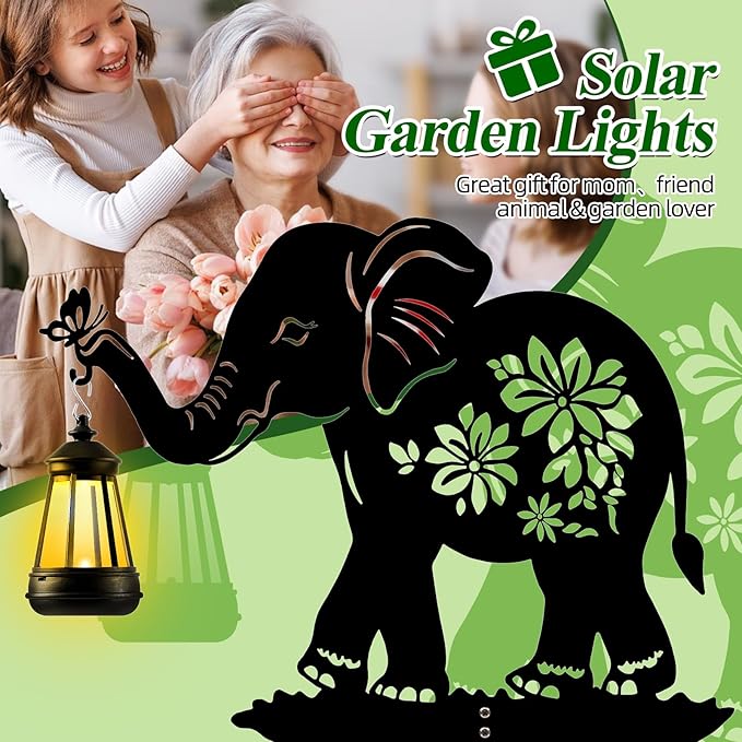 Elephant Solar Garden Stakes, Elephant Silhouette Decorative with Solar Lantern, Metal Garden Decor for Yard,Lawn,Pathway
