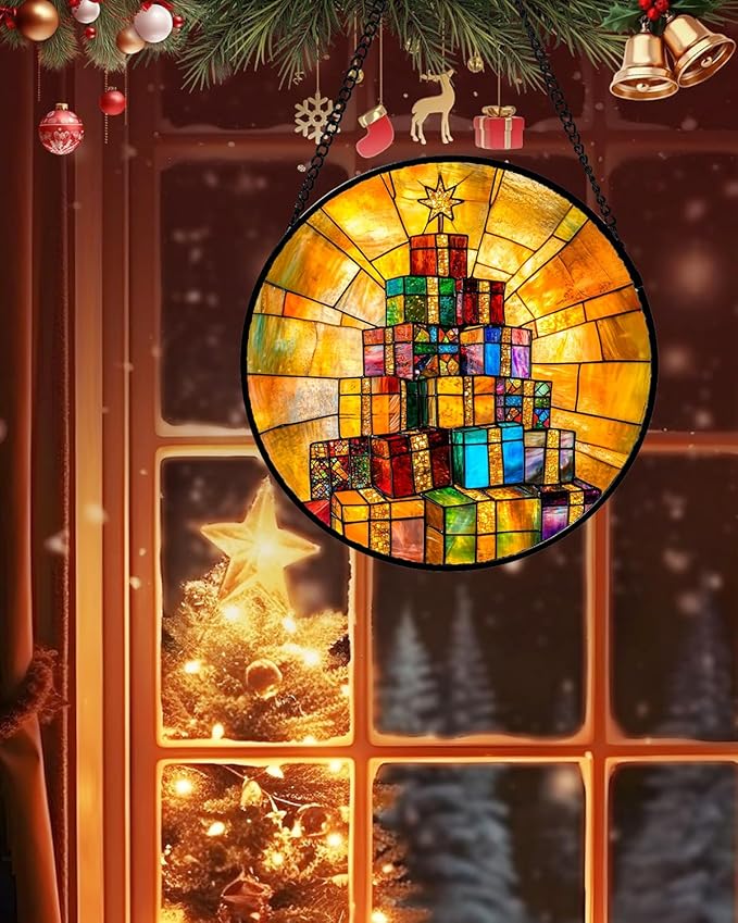 Stained Glass Window Hanging - Colorful Gift Box Tower Suncatcher for Doors Home Christmas Decoration Winter Sun Catcher Thanksgiving New Year Birthday Gift for Friend Women Men Mom Nana 6.3 in