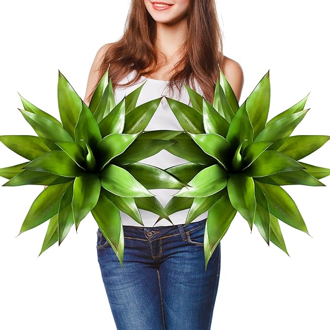 JUSTOYOU 28" Artificial Agave Plants Outdoor Large Fake Agave Plants Faux Succulents for Outdoor Indoor Home Front Porch Decor (2, Green)
