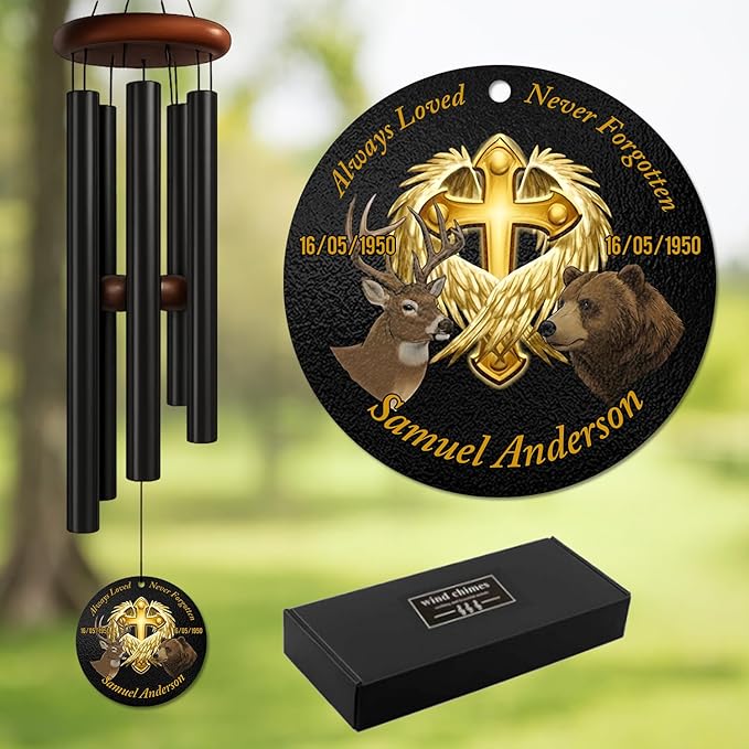 Personalized Faith & Nature Memorial Wind Chime – “Always Loved, Never Forgotten” Golden Cross with Deer & Bear – Custom Name & Dates Outdoor Sympathy Gift – Memorial Windchimes for Loss of Loved One