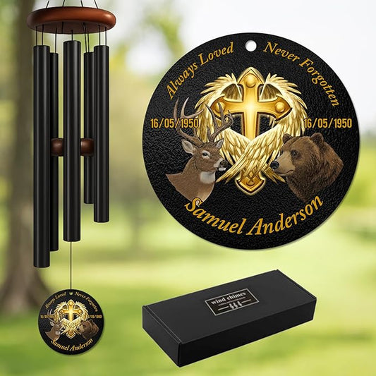 Personalized Faith & Nature Memorial Wind Chime – “Always Loved, Never Forgotten” Golden Cross with Deer & Bear – Custom Name & Dates Outdoor Sympathy Gift – Memorial Windchimes for Loss of Loved One