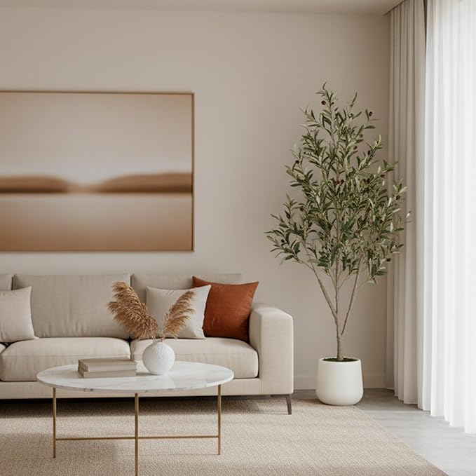 Olive Trees Artificial Indoor, 5 ft Faux Olive Tree with White Planter, Artificial Plants with Natural Wood Trunk and Lifelike Fruits for Home Office Decor