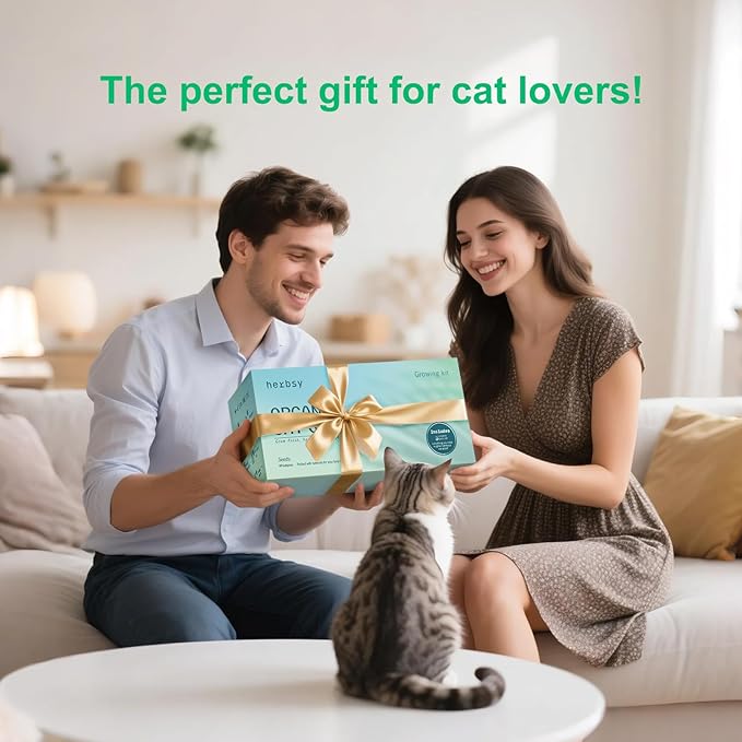 Cat Grass Kit for Indoor Cats Complete with Rustic Wood Planter, Organic Wheat Grass Seed and Soil, Grows in 7 Days, Prevent Hairballs and Aid Digestion Ideal Birthday Christmas Gift for Cat Lovers