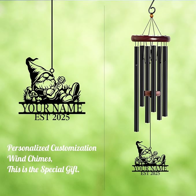 Personalized Customize Name Gnome Wind Chime, Metal Iron 37 Inch Outdoor Memorial Gift for Garden Yard Patio Home Decor, Black，Christmas (Style B)