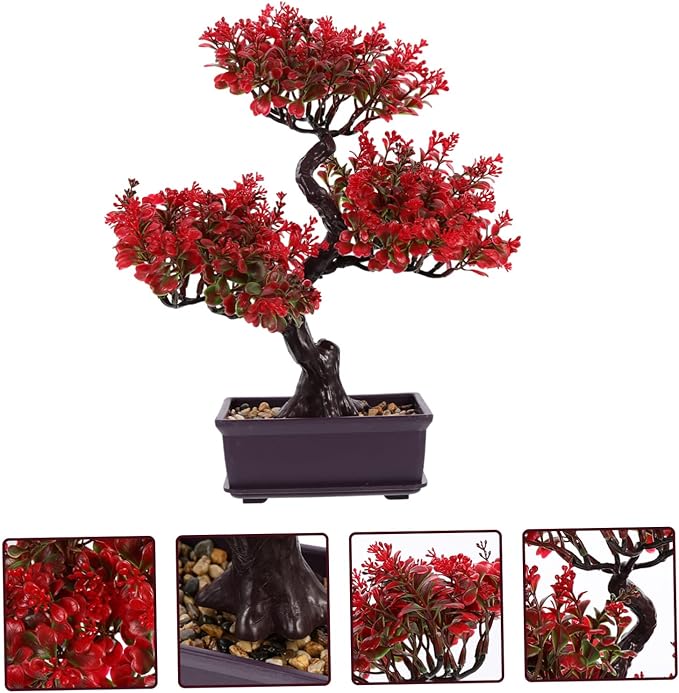 Cabilock Artificial Bonsai Tree, Fake Potted Bonsai Plants Decoration, Desktop Realistic Welcoming Pine Ornament for Home Office Entryway Chests Decor, Red