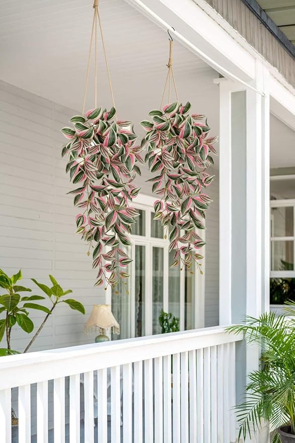 DILATATA Fake Hanging Plants Artificial Hanging Plants 187 Leaves Faux Wandering Jew Hang Leaves Plant for Wall Shelf Home Indoor Outdoor Decor - 2 Pack