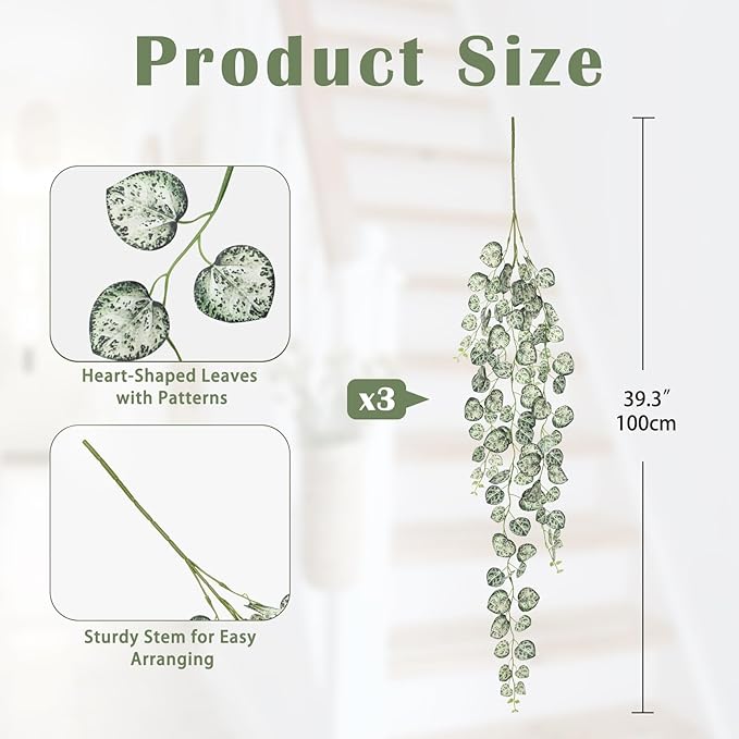 Briful 3 Pack Fake Hanging Plant 39.3" Faux Hanging String of Hearts Plant Faux Trailing Vine with Heart-Shaped Leaves Lush Cascading Artificial Greenery for Home Wall Indoor Outdoor Porch Decor