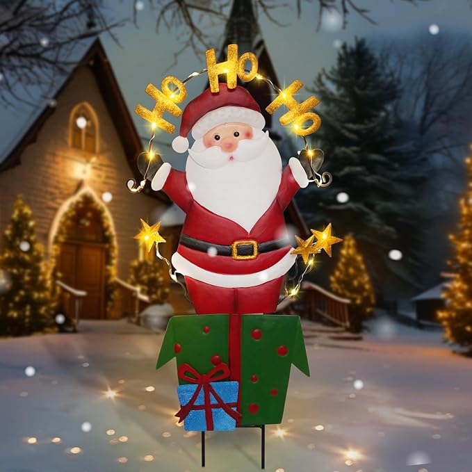 Christmas Outdoor Yard Signs Decorations, LED Solar Metal Garden Stake Lights with Joy for Patio Lawn Christmas Decor (Santa Claus)
