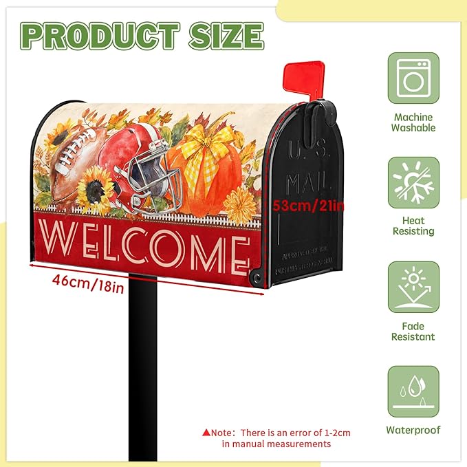 Welcome Fall Mailbox Covers Autumn Football Mail Box Cover Magnetic Standard Size 21x18 inch Sunflower Pumpkin Maple Leaf Mailbox Wraps for Outside Garden Yard