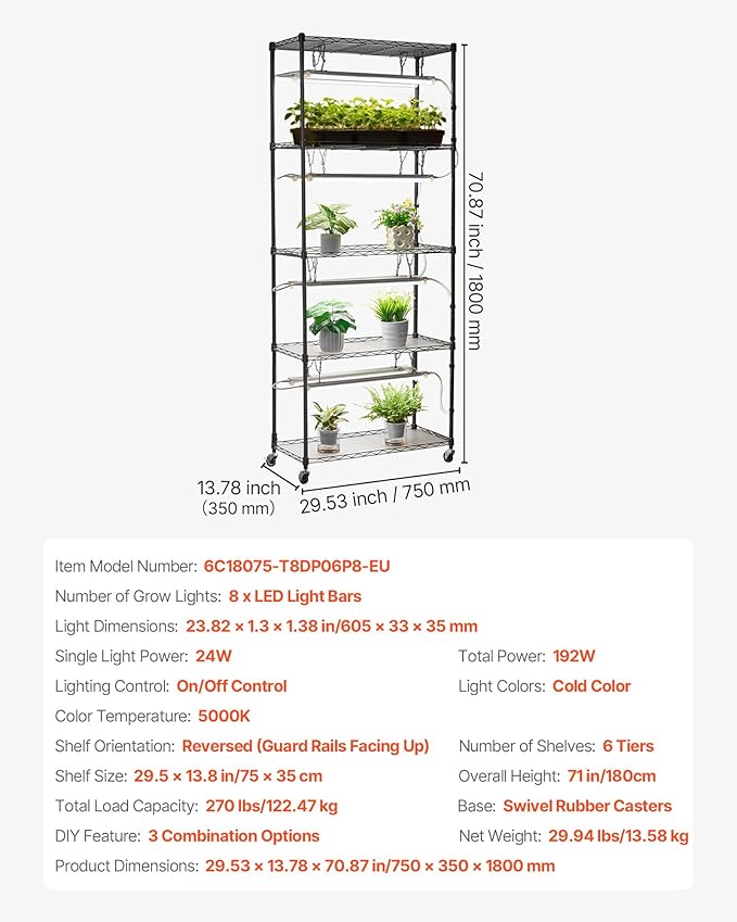 VEVOR DIY Plant Shelf with Grow Lights, 71 in Tall Indoor Plant Stand with Wheels, 192W 5000K Full Spectrum Grow Lights, Heavy Duty Metal Plants Display Rack, Flower Pot Holder for Seed Starting