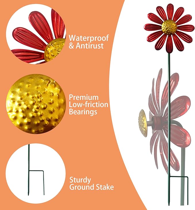 5pcs Wind Spinners Metal Colorful Flowers Garden Stake, Small Daisy Pinwheels, 27" Windmill for Yard Decor, Lawn Ornaments Outdoor Garden Décor, Metal Yard Art, Christmas Decoration Gift