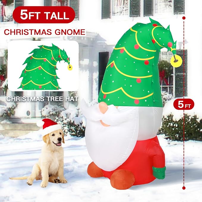 5 FT Christmas Inflatable Outdoor Decorations, Inflatables Christmas Gnome Yard Decor with Christmas Tree Hat, Built-in LED Lights Blow up Xmas Holiday Decorations for Outside Lawn Garden Indoor