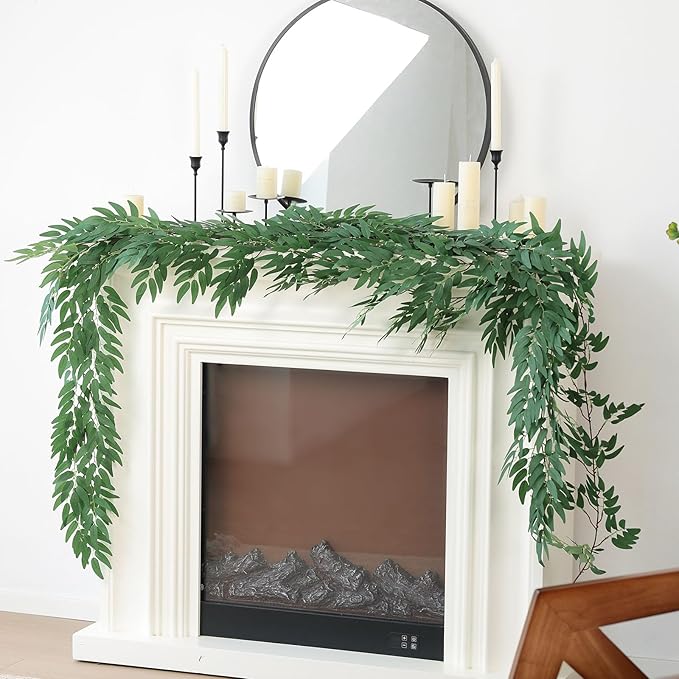 mizii 5 Packs 390" Artificial Vines Willows Garland Fake Vine Italian Ruscus Silk Green Leaves Faux Plants Greenery Decoration for Bedroom Room Wall Party Table Centerpieces Wedding Arch Decor