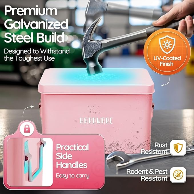 Flexzion Tin Storage Box with Removable Tray, 13 Inch Seed Organizer Box and Metal Seed Holder Organizer with Hinged Lid, Toolbox Container for Crafts, Hardware, Tools, Essentials, Pink