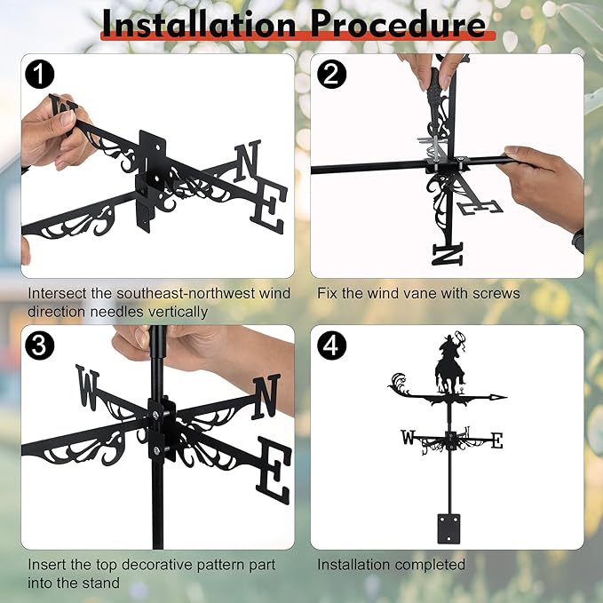 Cowboy Weather Vane, Black Metal Weathervane Roof Mount, Wind Vane Ornament Decoration for Shed Garden Yard Farmhouse Patio Decor, Wind Direction Indicators Wind Measuring Tool Outdoor